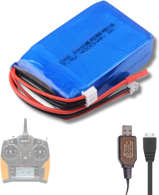 7.4V 4000mAh 8C Rechargable Battery Compitable with Spektrum TX DX8 DX9 Transmitter and 2S USB Charging Cable
