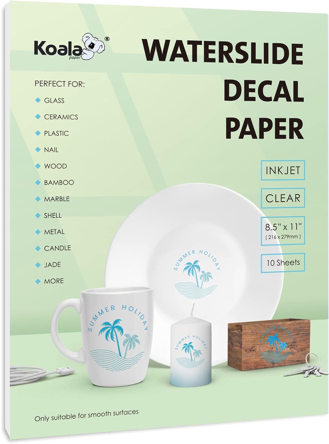 Koala Waterslide Decal Paper INKJET CLEAR, 10 Sheets 8.5x11 Inch Water Slide Transfer
